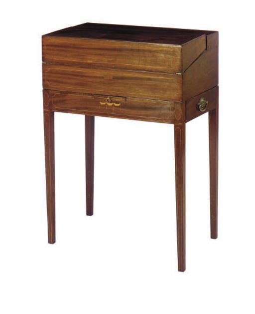 AN AMERICAN SATINWOOD INLAID MAHOGANY TRAVELING DESK ON STAND