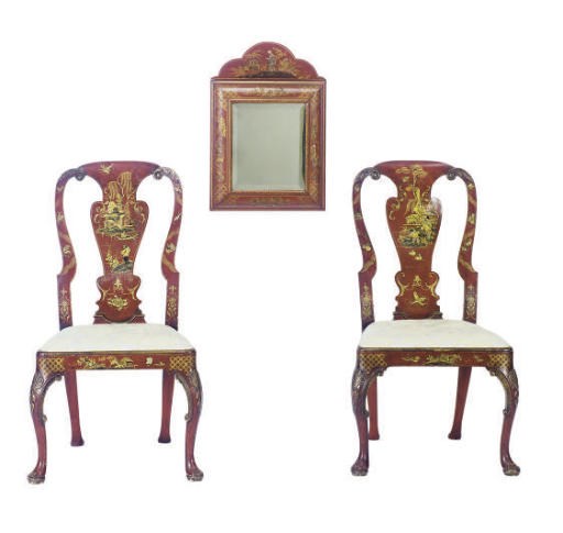 A PAIR OF ENGLISH RED AND GILT-JAPANNED CHAIRS WITH MIRROR,