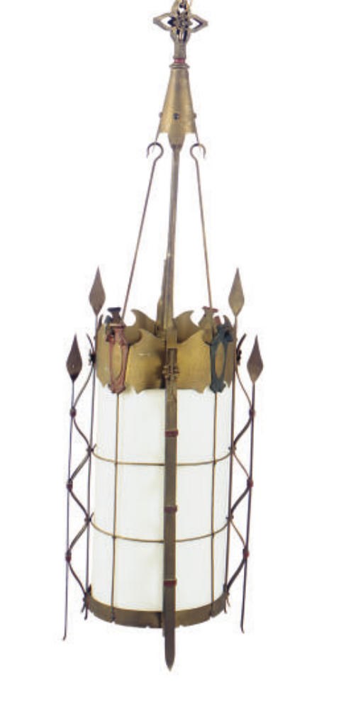 A PAIR OF BRONZED METAL AND OPAQUE GLASS LANTERNS,