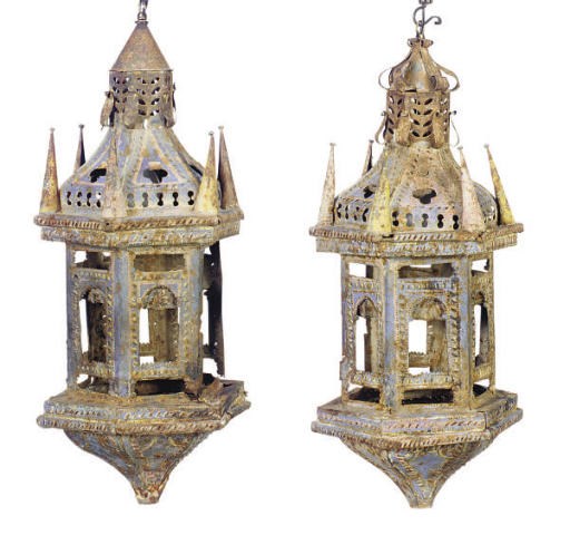 A PAIR OF POLYCHROME PAINTED METAL LANTERNS,