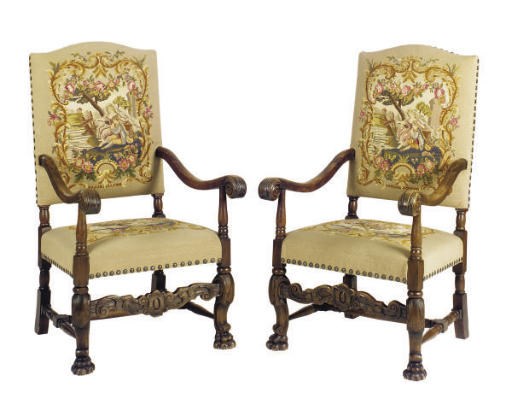 A PAIR OF WALNUT AND NEEDLEWORK UPHOLSTERED ARMCHAIRS,