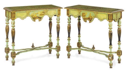 A PAIR OF GREEN PAINTED AND PARCEL-GILT CONSOLE TABLES,
