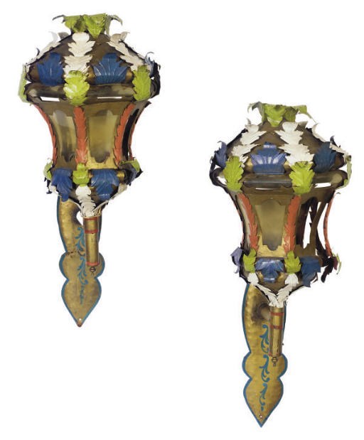 A PAIR OF ITALIAN GILT-METAL AND POLYCHROME-PAINTED LANTERNS,