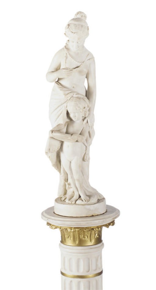 A COMPOSITION FIGURAL GROUP OF A MOTHER AND CHILD ON PARCEL-GILT STAND,