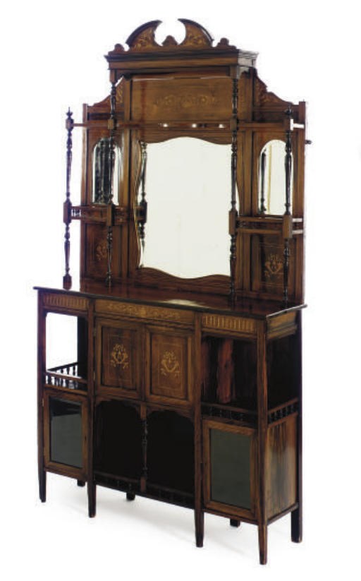 A LATE VICTORIAN INLAID ROSEWOOD MIRROR BACK SIDE CABINET**,