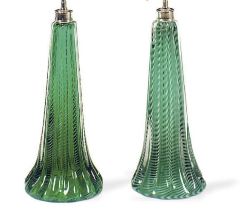 A PAIR OF ITALIAN GREEN GLASS OVERLAID LAMPS,