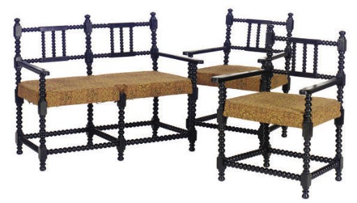 A FIVE-PIECE EBONISED SALON SUITE,