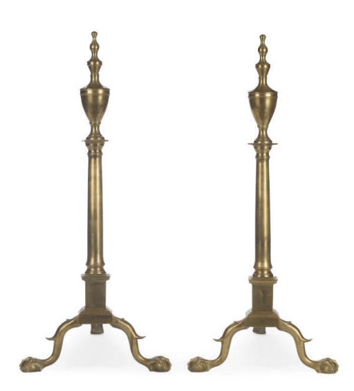 A PAIR OF AMERICAN FEDERAL BELL-METAL URN-TOP ANDIRONS,