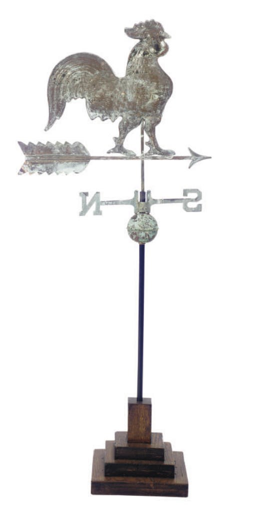 AN AMERICAN MOLDED AND SHEET COPPER WEATHERVANE ON WOODEN STAND,