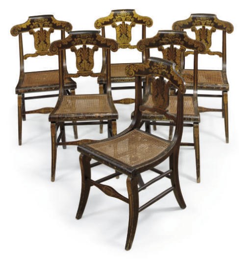 A SET OF SIX AMERICAN CLASSICAL GILT-STENCILED FANCY-PAINTED SIDE CHAIRS,