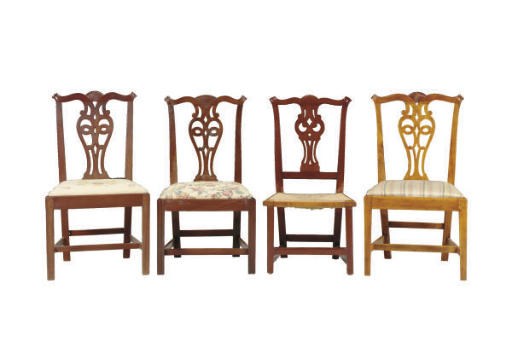 AN AMERICAN ASSEMBLED SET OF FOUR CHIPPENDALE MAHOGANY SIDE CHAIRS,
