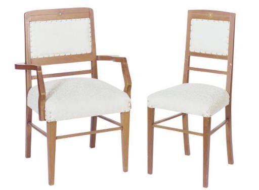 A SET OF TEN HARDWOOD DINING CHAIRS,