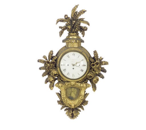 A SWEDISH CARVED AND GILTWOOD CARTEL CLOCK,