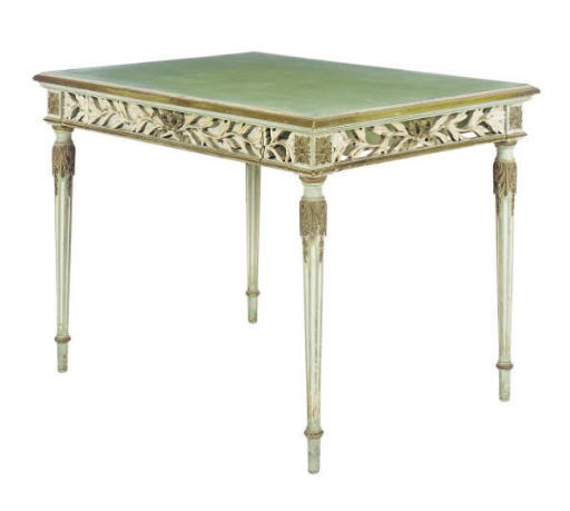 A GREEN-PAINTED AND PARCEL-GILT WRITING TABLE,