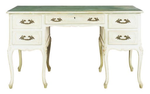 A FRENCH BLUE AND POLYCHROME PAINTED KNEE-HOLE DESK,