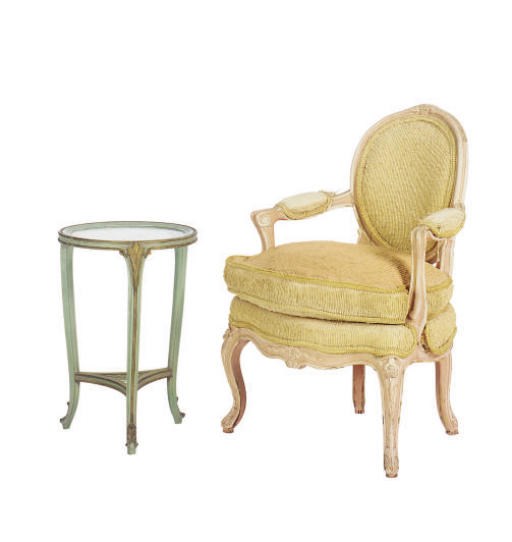 A PAIR OF BLUSH-PAINTED FAUTEUILS TOGETHER WITH TWO SIDE TABLES,