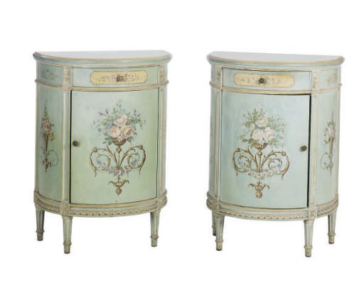 A PAIR OF BLUE POLYCHROME-PAINTED DEMI-LUNE FORM CABINETS,