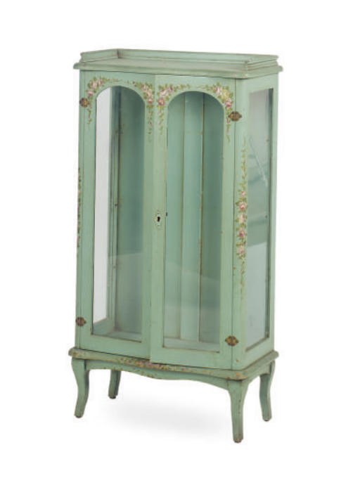 A DIMUNITIVE TURQUOISE PAINTED AND POLYCHROME-PAINTED VITRINE,