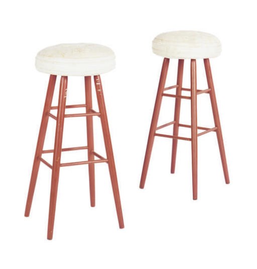 A SET OF FOUR RED PAINTED AND LEATHER UPHOLSTERED BAR STOOLS,