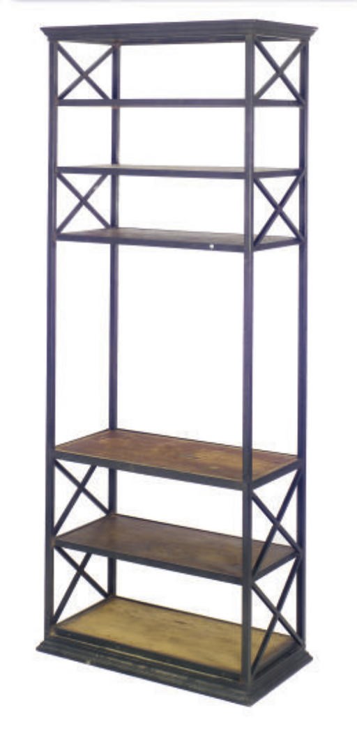 A CONTEMPORARY IRON AND STAINED WOOD ETAGERE