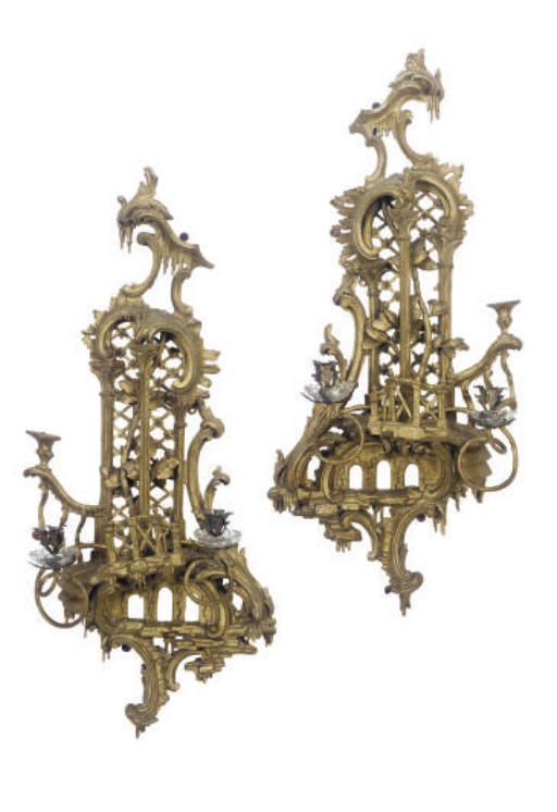 A PAIR OF GEORGE III GILTWOOD TWO-BRANCH WALL-LIGHTS,