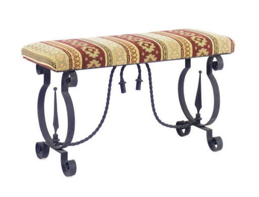 A WROUGHT IRON BENCH,