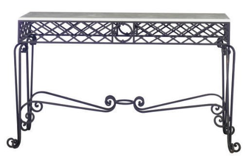 A WROUGHT IRON AND MARBLE TOP CONSOLE TABLE,