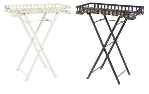 TWO METAL WEAVE BASKET TRAYS ON STANDS,