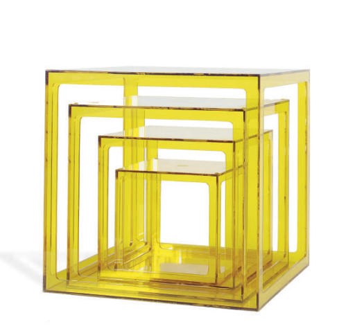 A NEST OF FOUR CONTEMPORARY AMBER LUCITE CUBE-FORM NESTING TABLES,
