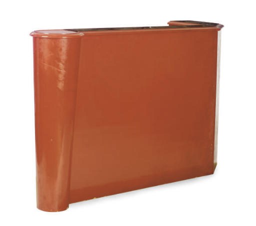 A CORAL COLOR PAINTED L-SHAPED BAR WITH SCENES OF PARIS MONUMENTS,