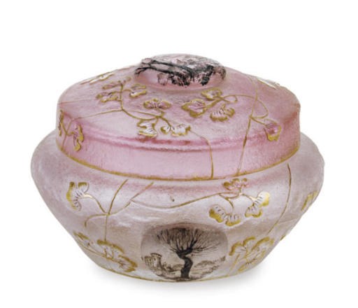 A FRENCH ENAMELED GLASS BOX AND COVER,