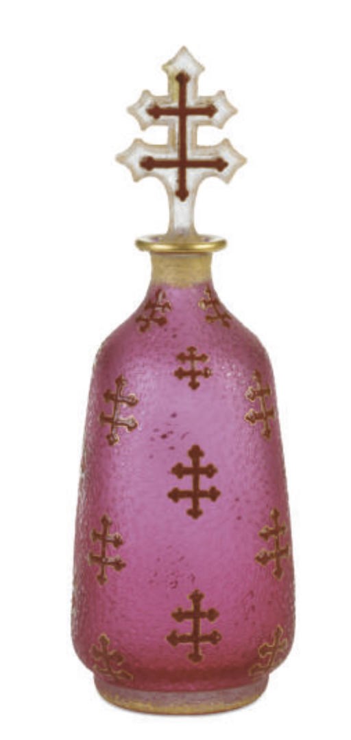 A FRENCH GLASS GILT AND ENAMELED DECANTER AND STOPPER,