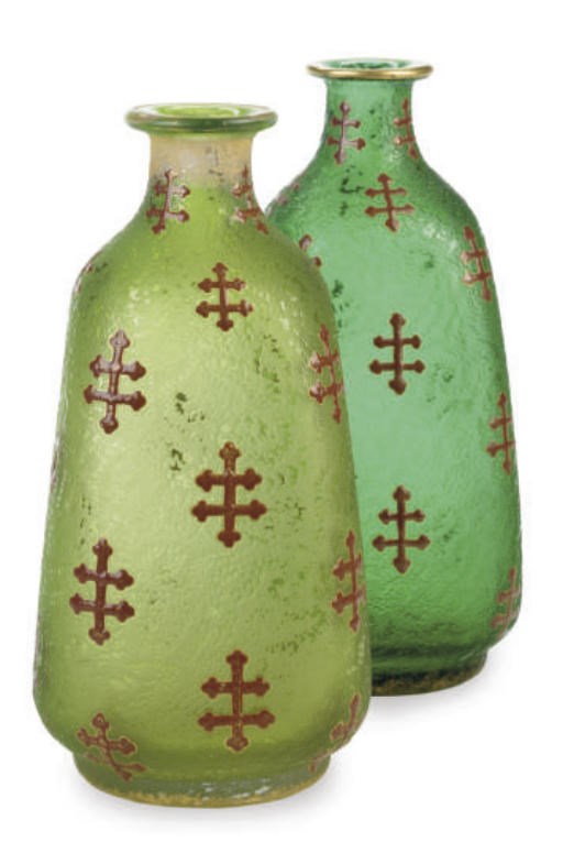 TWO FRENCH ENAMELED GLASS DECANTERS,