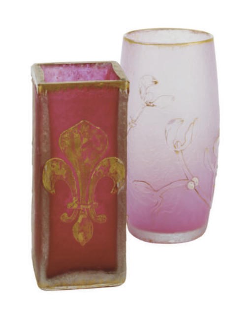 TWO ETCHED AND GILT GLASS VASES,
