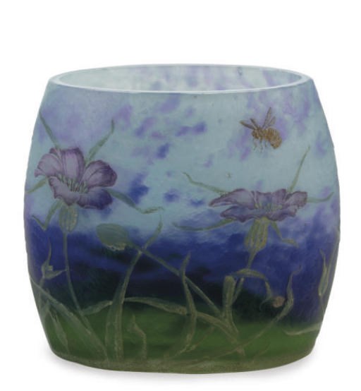 A FRENCH ETCHED AND ENAMELED GLASS VASE,
