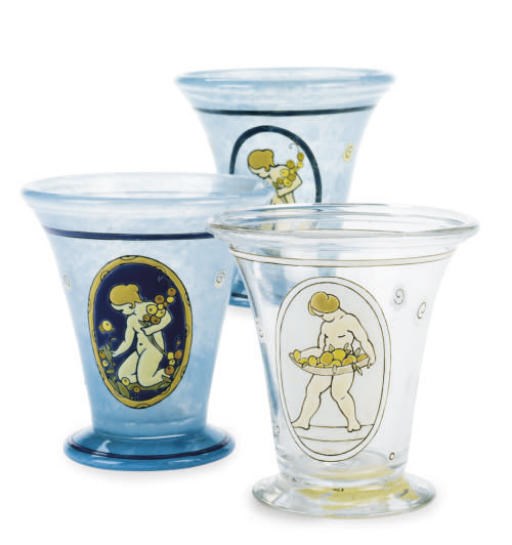 THREE FRENCH ENAMELED GLASS GOBLETS,