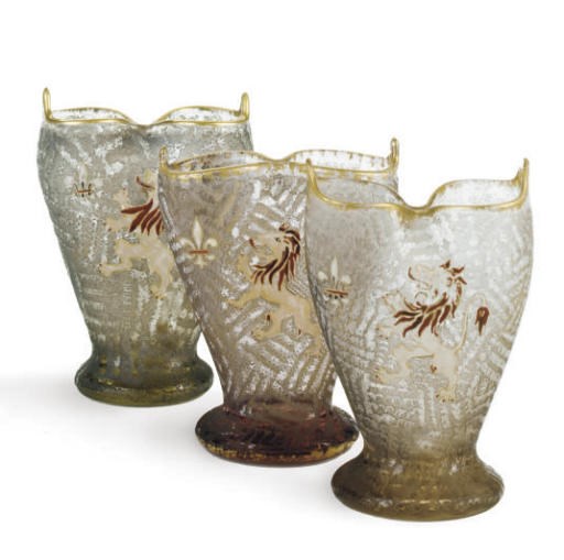 THREE FRENCH GILT AND ENAMELED GLASS BUD VASES,
