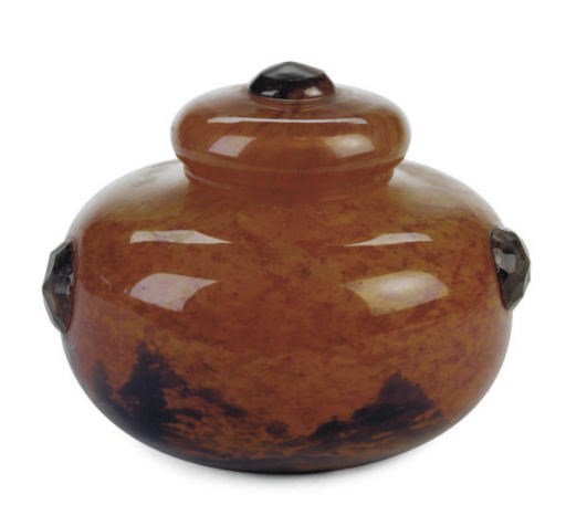 A FRENCH MOTTLED GLASS BOX WITH APPLIED DECORATION,