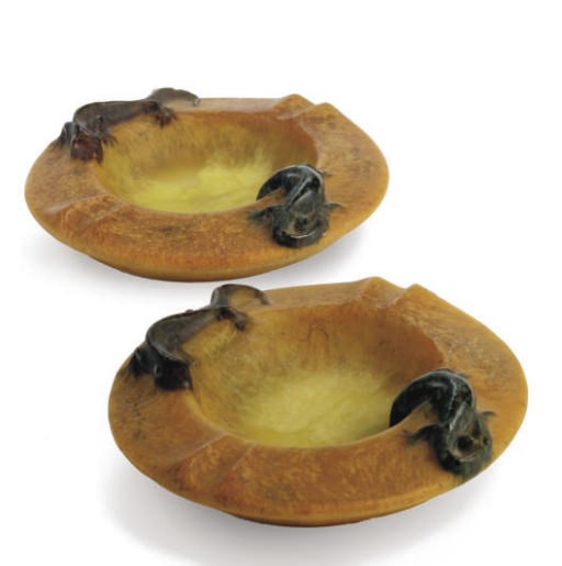 TWO FRENCH PATE-DE-VERRE ASHTRAYS,