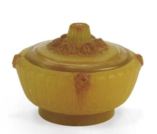 A FRENCH PATE-DE-VERRE JAR AND COVER,