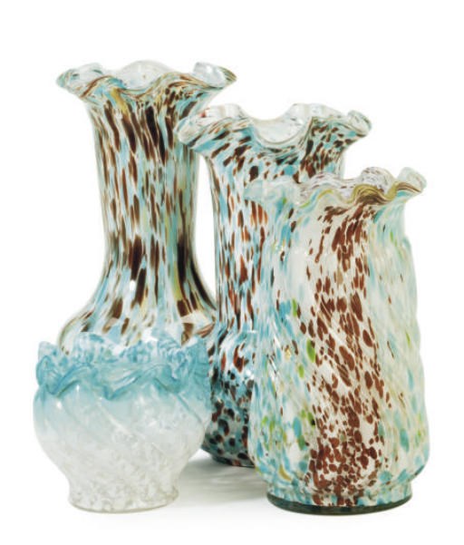 A GROUP OF NINE SPATTER GLASS VASES,