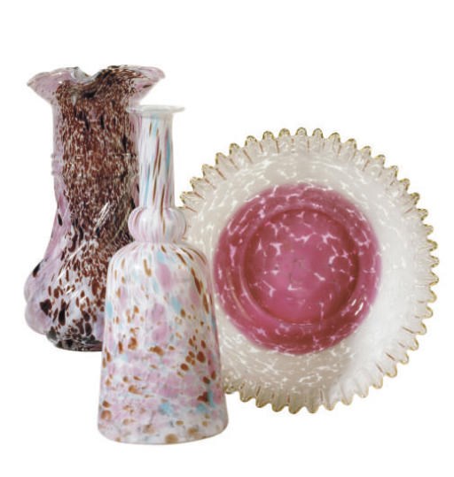 A GROUP OF NINE SPATTER GLASS VASES,