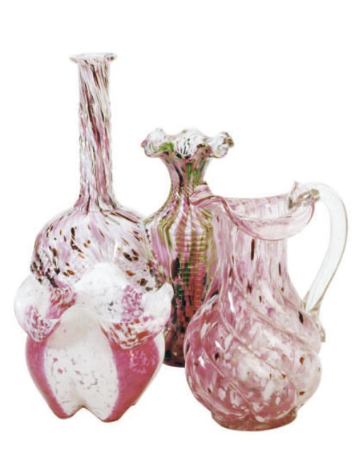 A GROUP OF EIGHT SPATTER GLASS VASES,