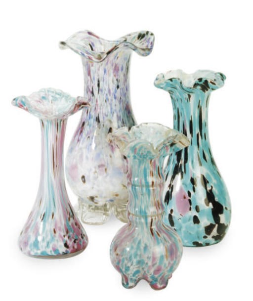 A GROUP OF THIRTEEN SPATTER GLASS VASES,