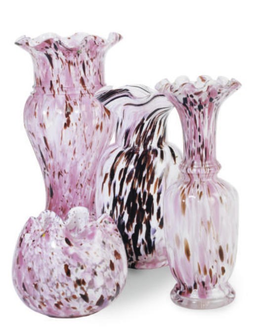 A GROUP OF NINE SPATTER GLASS VASES,