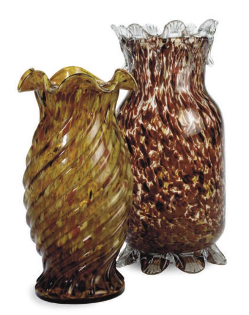 TWO PAIRS OF SPATTER GLASS VASES,