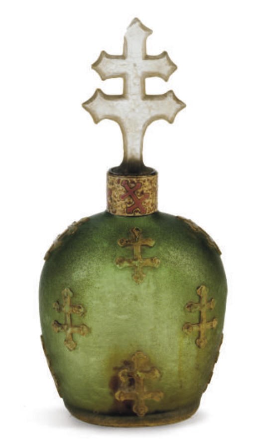 A FRENCH GILT AND ENAMELED GLASS DECANTER AND STOPPER,