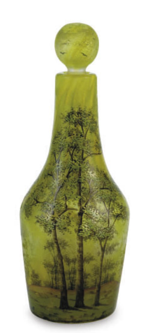 A FRENCH ENAMELED CAMEO GLASS CRUET AND STOPPER,