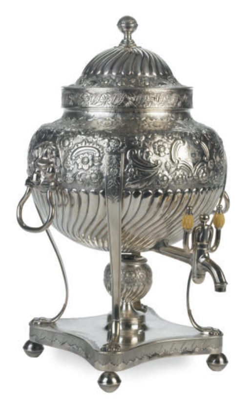 A GEORGE III SILVER HOT WATER URN, COVER, AND BURNER,
