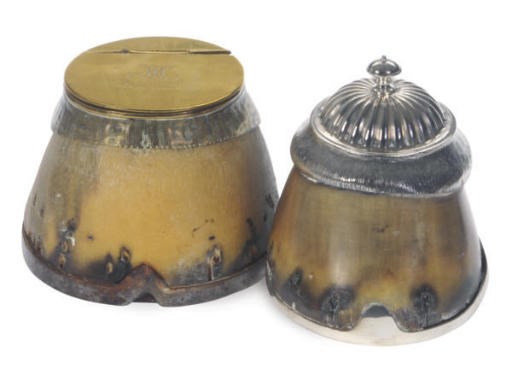 A VICTORIAN SILVER-MOUNTED HORSE HOOF BOX AND COVER,